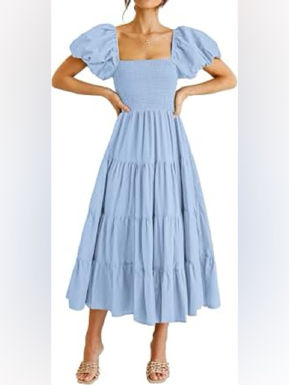 Smocked Bodice Puff Sleeve Maxi Dress – Light Blue